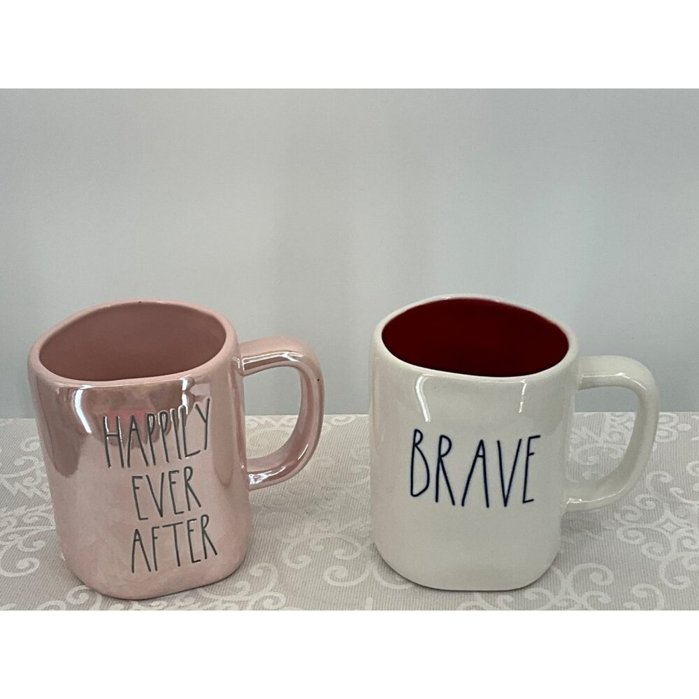 Rae Dunn Artisan‎ Collection Ceramic Mugs "Happily Ever After" & "Brave" 2 mugs